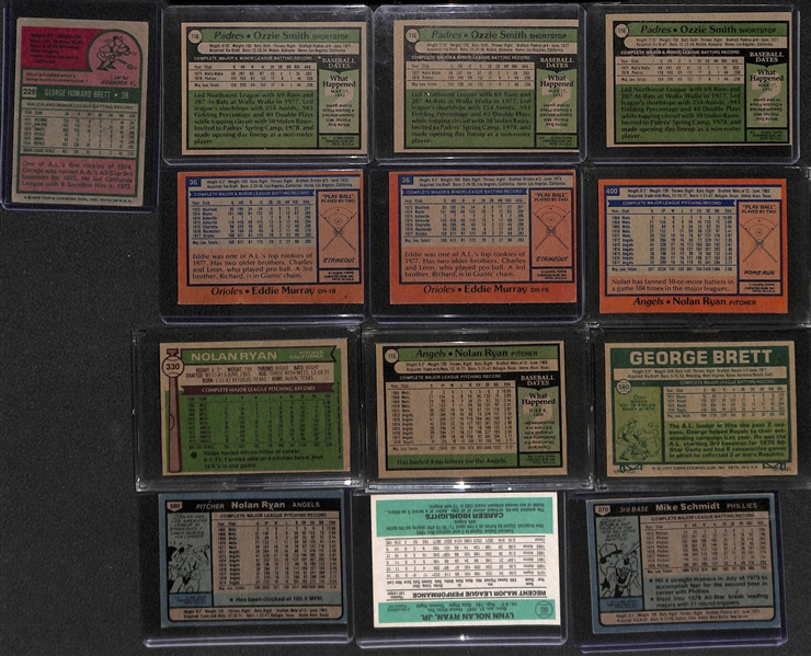 Lot of (25) 1971-1985 Baseball Rookies and Stars Inc. George Brett Rookie, (3) O. Smith Rookies, (2) E. Murray Rookies, (5) Nolan Ryan Cards